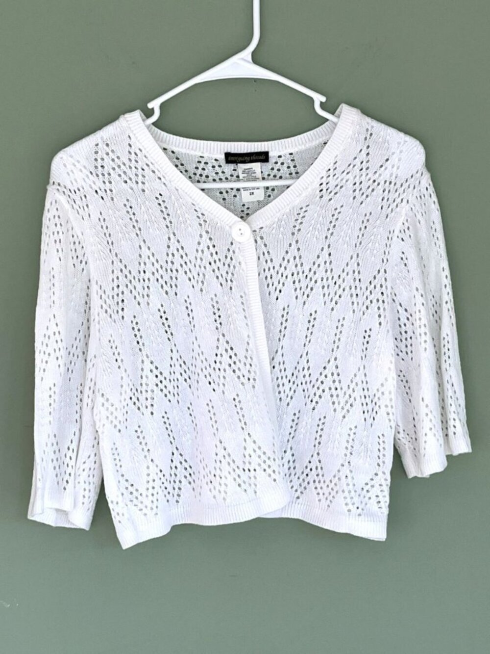 Open Knit Cardigan sz M One Button Cropped Pointelle Cottagecore Coastal White